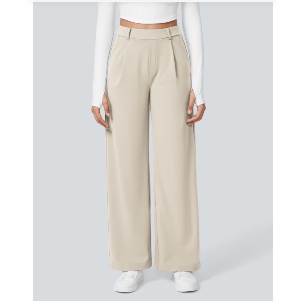 Halara Women Beige Wide Leg Pleated Trousers High Waisted Dress Pant Cream M NEW